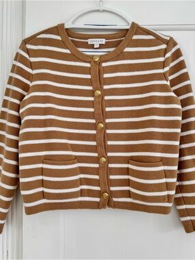 crown & ivy Camel and White Striped Crewneck Cardigan with Gold Buttons